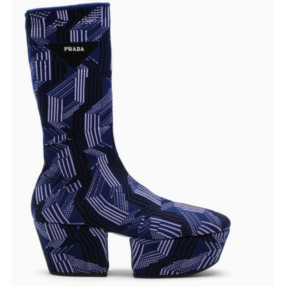 Prada Argyle Logo Sock Platform Boot